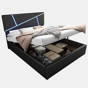 Cama de casal de pu 140x200 cm com armazenamento e luz led,preto