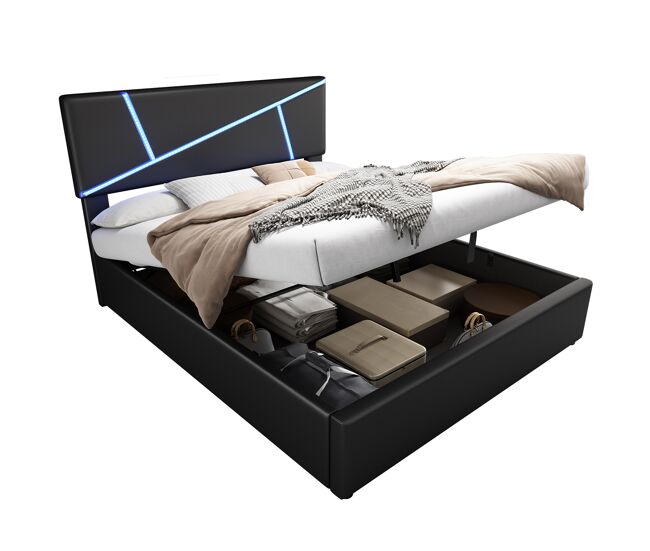 Cama de matrimonio de pu 140x200 cm con almacenaje y luz led,negro