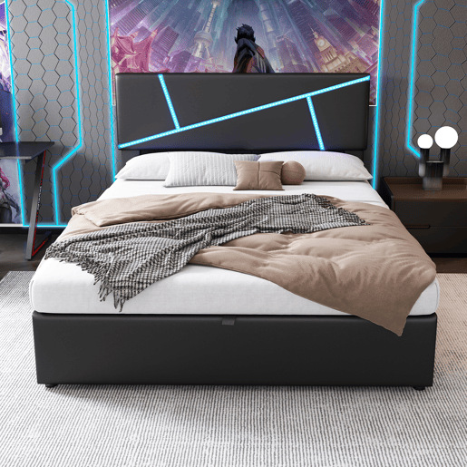 Cama de casal de pu 140x200 cm com armazenamento e luz led,preto