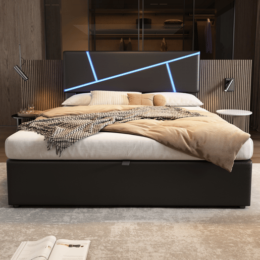 Cama de casal de pu 140x200 cm com armazenamento e luz led,preto