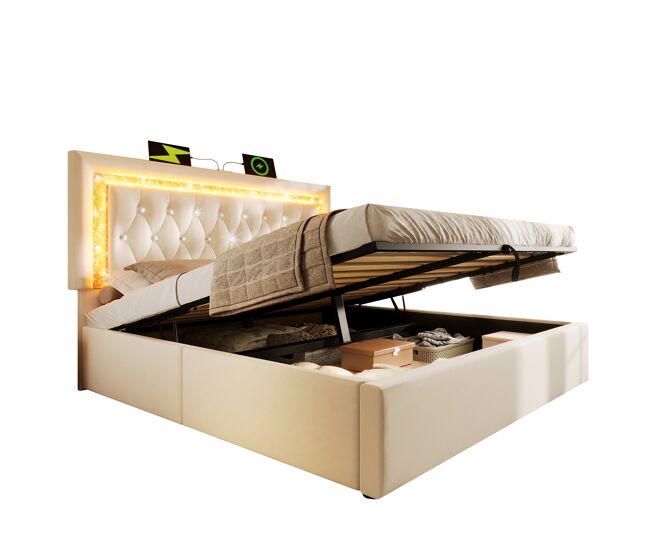 Cama de matrimonio de terciopelo 140x200 cm con almacenaje y luz led,beige