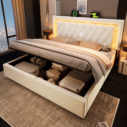 Cama de casal de veludo 140x200 cm com armazenamento e luz led,bege Cama de casal de veludo 140x200 cm com armazenamento e luz led,bege