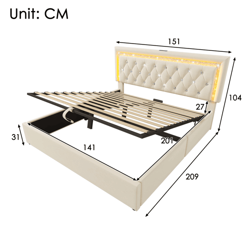 Cama de casal de veludo 140x200 cm com armazenamento e luz led,bege Cama de casal de veludo 140x200 cm com armazenamento e luz led,bege