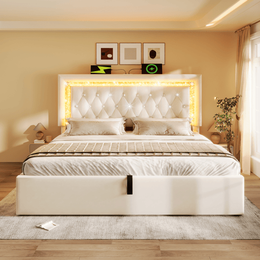 Cama de casal de veludo 140x200 cm com armazenamento e luz led,bege Cama de casal de veludo 140x200 cm com armazenamento e luz led,bege