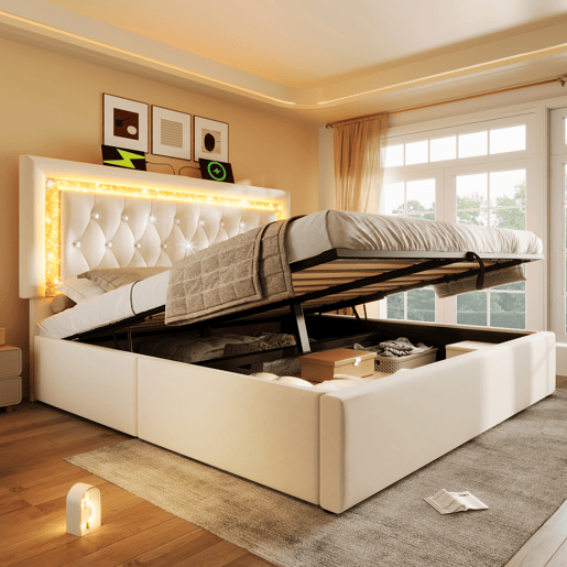 Cama de casal de veludo 140x200 cm com armazenamento e luz led,bege Cama de casal de veludo 140x200 cm com armazenamento e luz led,bege