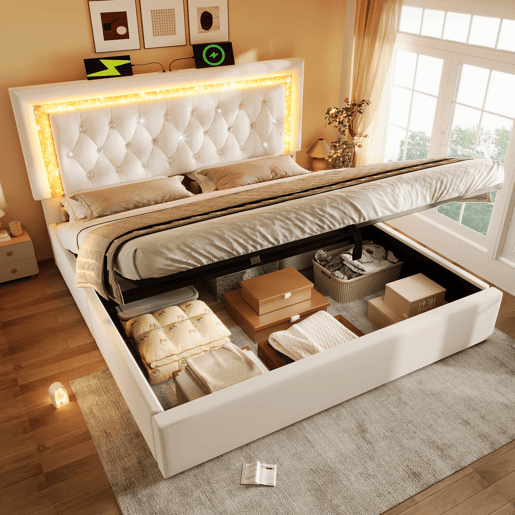 Cama de casal de veludo 140x200 cm com armazenamento e luz led,bege Cama de casal de veludo 140x200 cm com armazenamento e luz led,bege