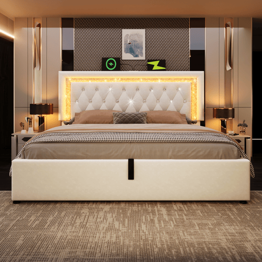 Cama de casal de veludo 140x200 cm com armazenamento e luz led,bege Cama de casal de veludo 140x200 cm com armazenamento e luz led,bege