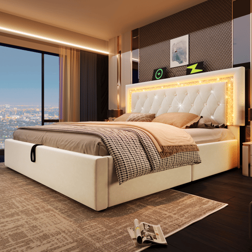 Cama de casal de veludo 140x200 cm com armazenamento e luz led,bege Cama de casal de veludo 140x200 cm com armazenamento e luz led,bege