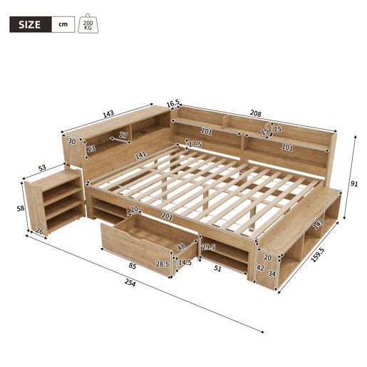 Cama juvenile,cama de casal de madeira 140x200 cm,natural