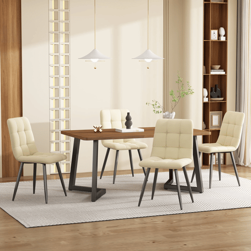 Conjunto de sala de jantar de 5 peças 117x68 cm - Mesa com 4 cadeiras, madeira de nogueira, pernas metálicas pretas, cadeiras de veludo bege