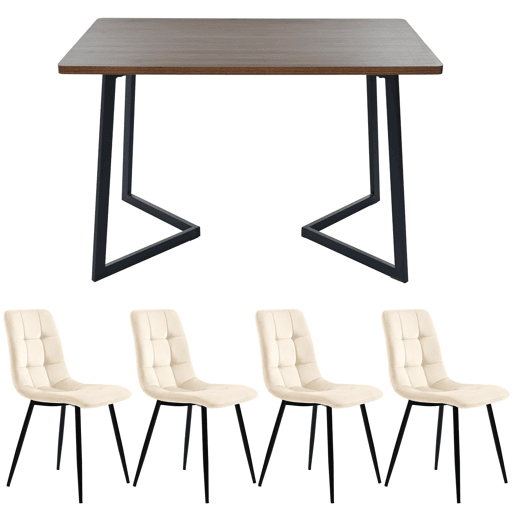 Conjunto de sala de jantar de 5 peças 117x68 cm - Mesa com 4 cadeiras, madeira de nogueira, pernas metálicas pretas, cadeiras de veludo bege