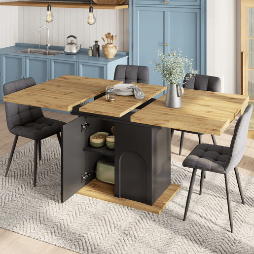 Mesa de jantar extensível 110-140x80 cm - dobrável, 4-6 pessoas, com arrumação - pretanatural Mesa de jantar extensível 110-140x80 cm - dobrável, 4-6 pessoas, com arrumação - pretanatural