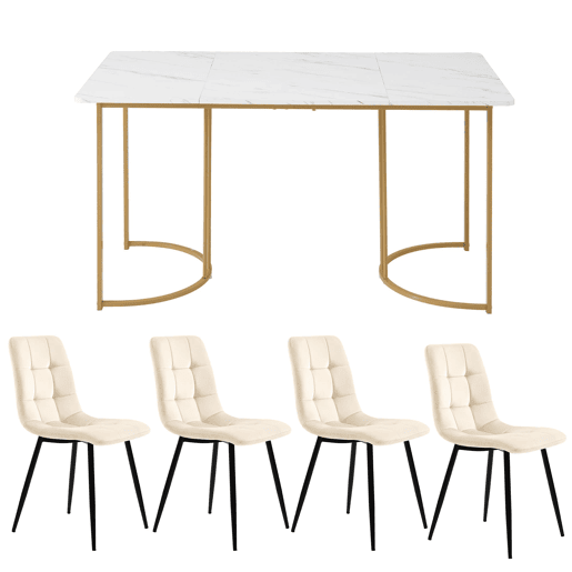 Conjunto de sala de jantar 140x80cm - Mesa de cozinha com 4 cadeiras, pernas metálicas douradas, estofamento bege