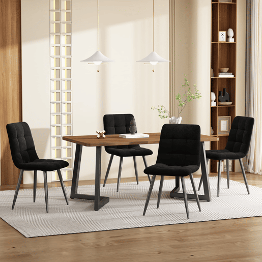Conjunto de sala de jantar de 5 peças - Mesa de jantar 117x68 cm - Madeira, pernas metálicas pretas, MDF nogueira - Cadeiras de veludo preto