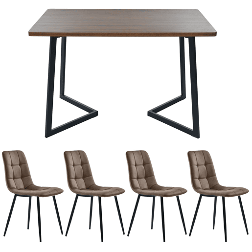 Conjunto de sala de jantar de 5 peças - Mesa com 4 cadeiras - Tampo em MDF nogueira - Estrutura em metal preto - Cadeiras em veludo castanho