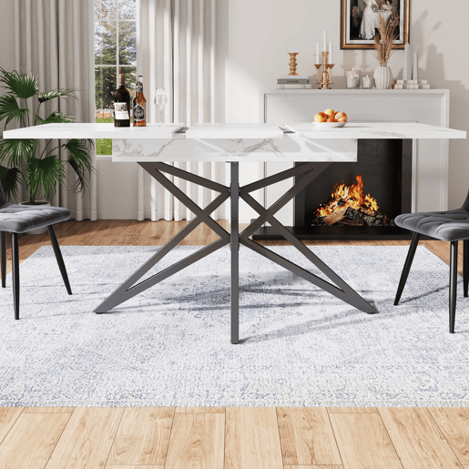 Mesa extensível 120 (160) x 80 cm - Mesa de cozinha, mesa de pequeno-almoço, pernas em forma de estrela, pernas em ferro preto, superfície em imitação de mármorenoz - Branca