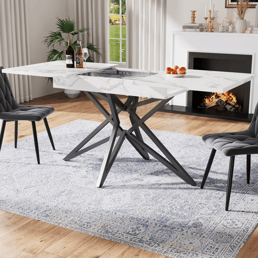 Mesa extensível 120 (160) x 80 cm - Mesa de cozinha, mesa de pequeno-almoço, pernas em forma de estrela, pernas em ferro preto, superfície em imitação de mármorenoz - Branca