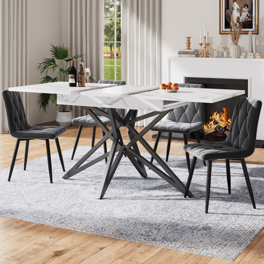 Mesa extensível 120 (160) x 80 cm - Mesa de cozinha, mesa de pequeno-almoço, pernas em forma de estrela, pernas em ferro preto, superfície em imitação de mármorenoz - Branca