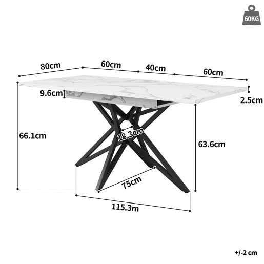 Mesa extensível 120 (160) x 80 cm - Mesa de cozinha, mesa de pequeno-almoço, pernas em forma de estrela, pernas em ferro preto, superfície em imitação de mármorenoz - Branca