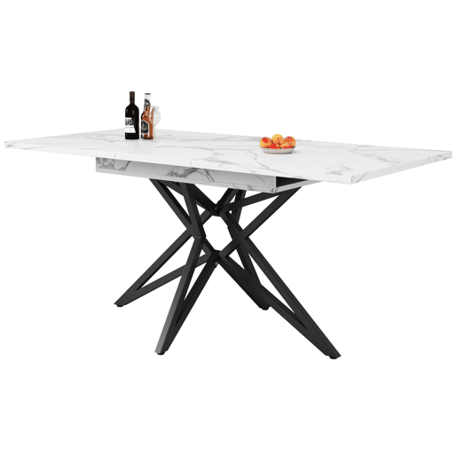 Mesa extensível 120 (160) x 80 cm - Mesa de cozinha, mesa de pequeno-almoço, pernas em forma de estrela, pernas em ferro preto, superfície em imitação de mármorenoz - Branca