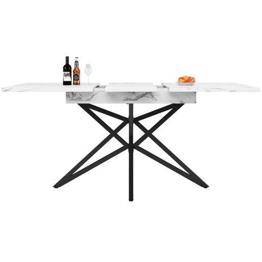 Mesa extensível 120 (160) x 80 cm - Mesa de cozinha, mesa de pequeno-almoço, pernas em forma de estrela, pernas em ferro preto, superfície em imitação de mármorenoz - Branca