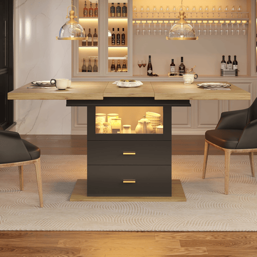 Mesa extensível 110x80x75 cm - Com LED, madeira, extensível até 140 cm, para 6 pessoas