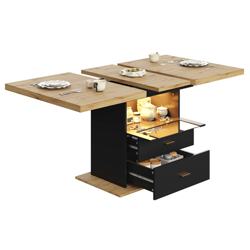 Mesa extensível 110x80x75 cm - Com LED, madeira, extensível até 140 cm, para 6 pessoas