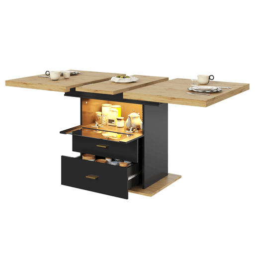 Mesa extensível 110x80x75 cm - Com LED, madeira, extensível até 140 cm, para 6 pessoas