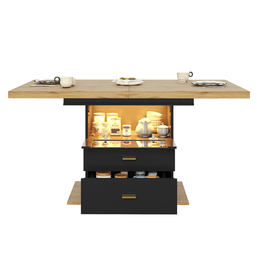 Mesa extensível 110x80x75 cm - Com LED, madeira, extensível até 140 cm, para 6 pessoas
