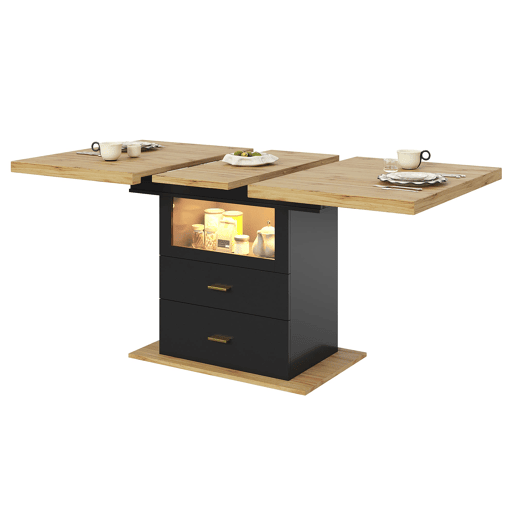 Mesa extensível 110x80x75 cm - Com LED, madeira, extensível até 140 cm, para 6 pessoas
