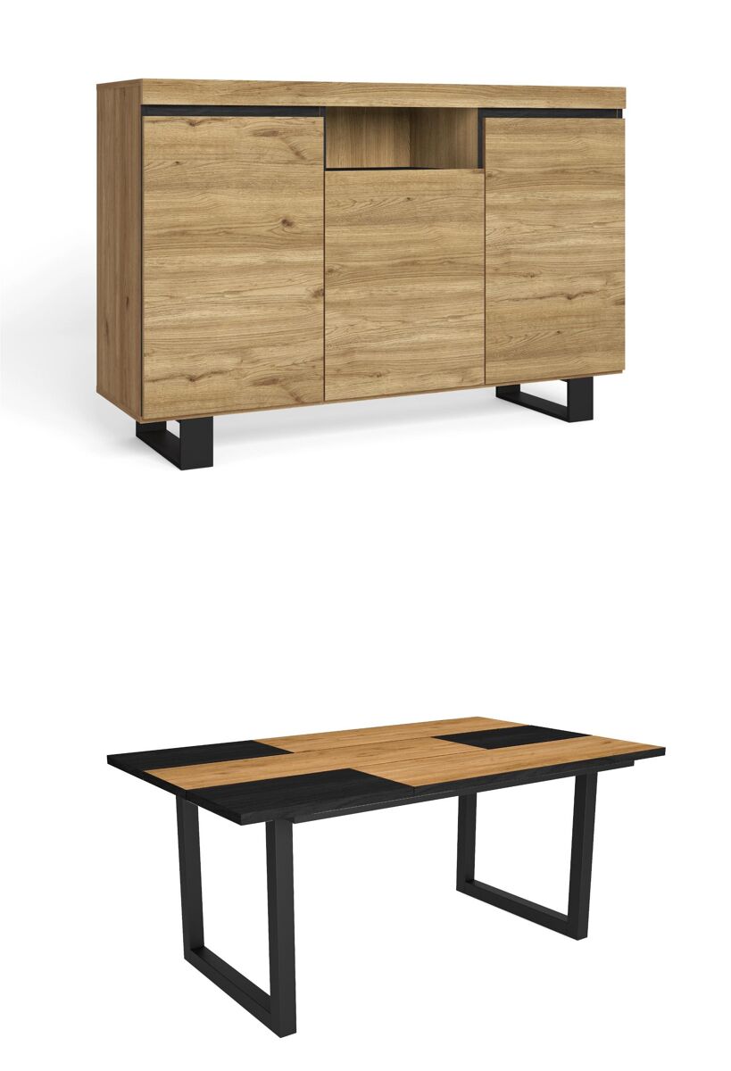 Conjunto muebles salon, Mesa patas U 8 comensales 167x90 Negro/ Madera