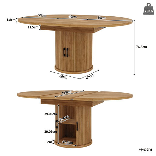Mesa extensível redonda 118-158 cm - Sala de jantar, cozinha, varanda, extensível para ovalada - NogueiraPreto