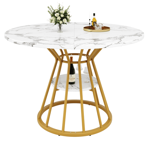 Mesa redonda de jantar 1 peça - Mesa de cozinha, pernas metálicas, design em mármore, dourado
