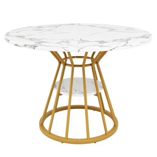 Mesa redonda de jantar 1 peça - Mesa de cozinha, pernas metálicas, design em mármore, dourado