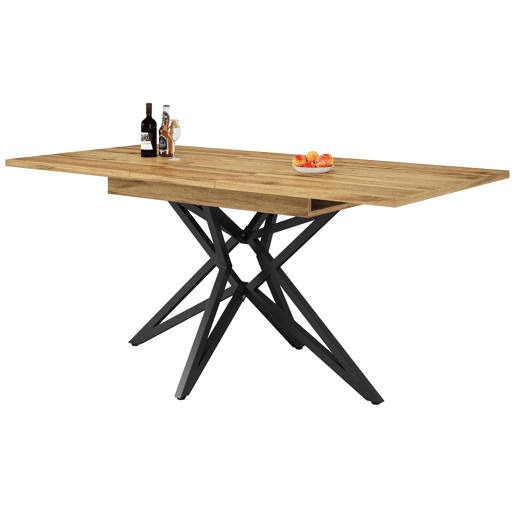 Mesa extensível 120 (160) x 80 cm - Mesa de cozinha, mesa de pequeno-almoço, pernas em forma de estrela, pernas em ferro preto, tampo em nogueiraimitação mármore