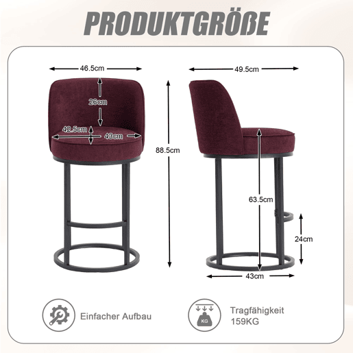 Banco de bar 2 unidades - moderno, acolchoado, pernas metálicas pretas - vermelho vinho