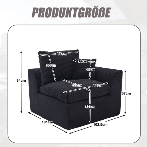 Sofá individual de 1 lugar - Minimalista, confortável, com almofada - Preto
