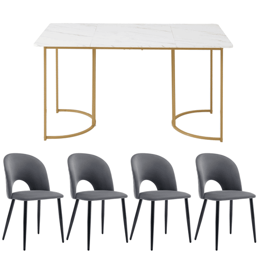 Conjunto de mesa e cadeiras 140×80 cm - Mesa de jantar moderna, cadeiras de veludo, pernas douradas - Cinza