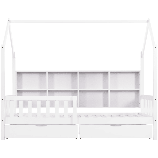 Cama tipo casa 90x200 cm - Estante multifuncional, gavetas grandes, design de chaminé - Branco