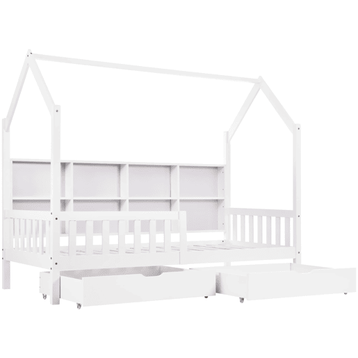 Cama tipo casa 90x200 cm - Estante multifuncional, gavetas grandes, design de chaminé - Branco