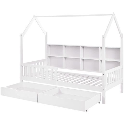 Cama tipo casa 90x200 cm - Estante multifuncional, gavetas grandes, design de chaminé - Branco