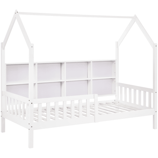 Cama tipo casa 90x200 cm - Estante multifuncional, gavetas grandes, design de chaminé - Branco