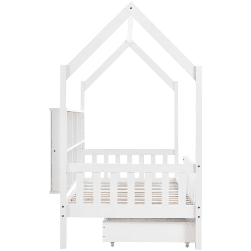 Cama tipo casa 90x200 cm - Estante multifuncional, gavetas grandes, design de chaminé - Branco