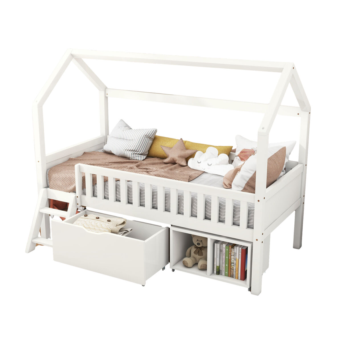 Cama cabaña,cama infantil de madera de pino 90x200 cm,blanco