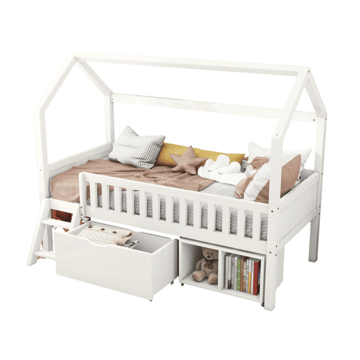 Cama-casa,cama de criança de madeira de pinho 90x200 cm,branco