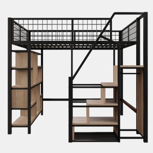 Cama alta multifuncional 140x200 cm - com arrumação, prateleiras e escada - cor preta