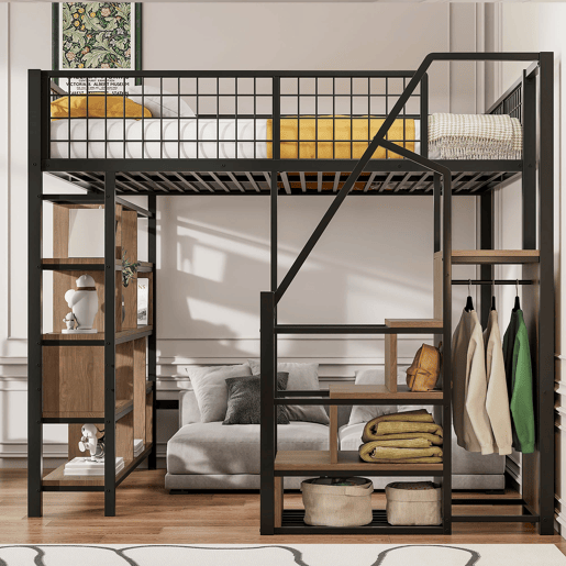 Cama alta multifuncional 140x200 cm - com arrumação, prateleiras e escada - cor preta