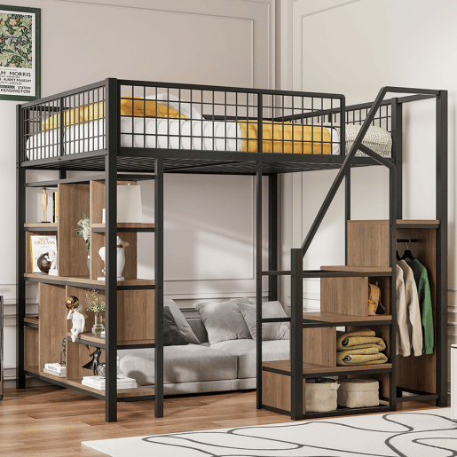 Cama alta multifuncional 140x200 cm - com arrumação, prateleiras e escada - cor preta