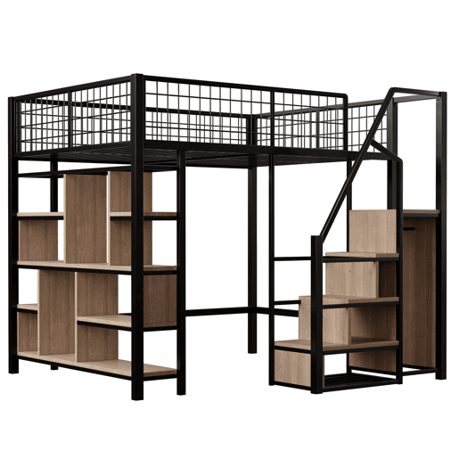 Cama alta multifuncional 140x200 cm - com arrumação, prateleiras e escada - cor preta