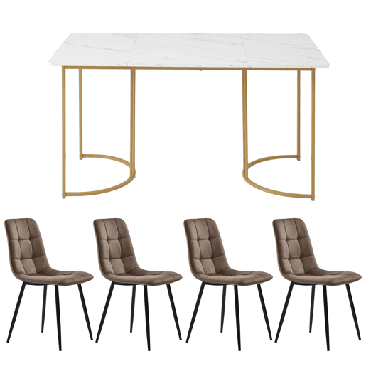 Conjunto de sala de jantar 140x80cm - Mesa com 4 cadeiras de veludo castanho, pernas douradas